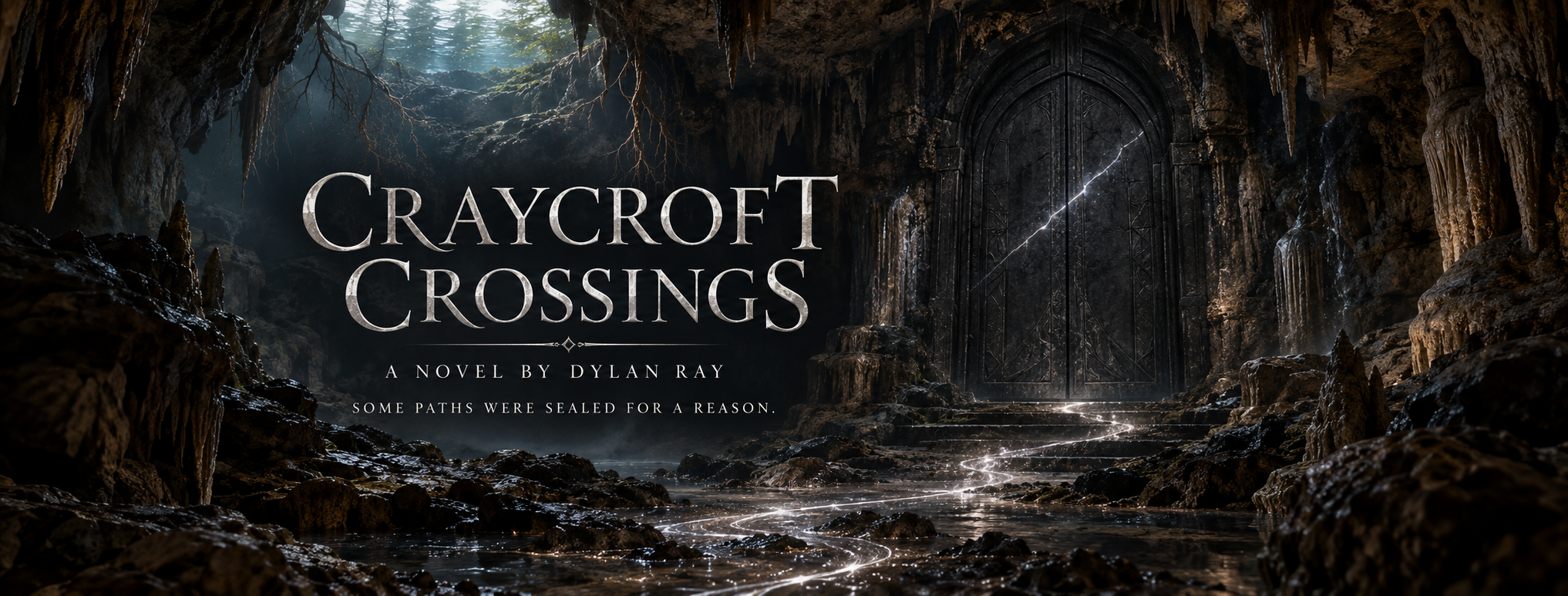An ancient black-stone door deep inside a cave, reached by a thin glowing silver path